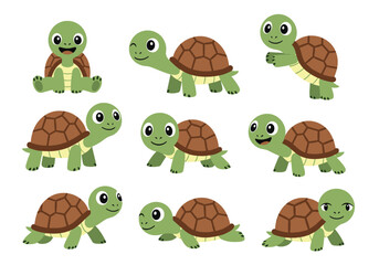 Collection of cute little green tortoises in various playful poses