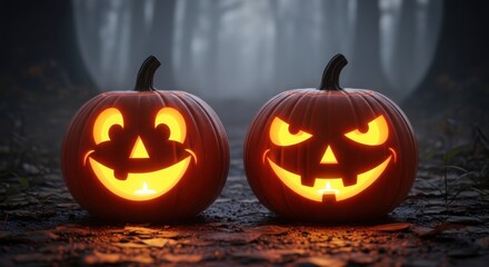 Obraz premium Two Spooky Halloween Jack O Lanterns Glowing in Dark Forest Path