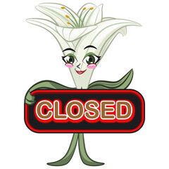 cute lily flower mascot cartoon vector illustration isolated showing a sign that says closed, work of hand drawn