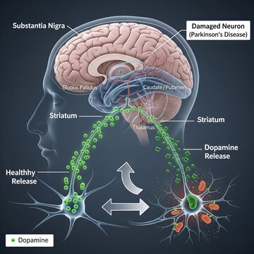 Anatomical diagram of dopaminergic pathways showing substantia nigra, striatum and neuronal loss in Parkinson&rsquo;s disease&mdash;illustrates dopamine deficiency and motor pathway disruption.