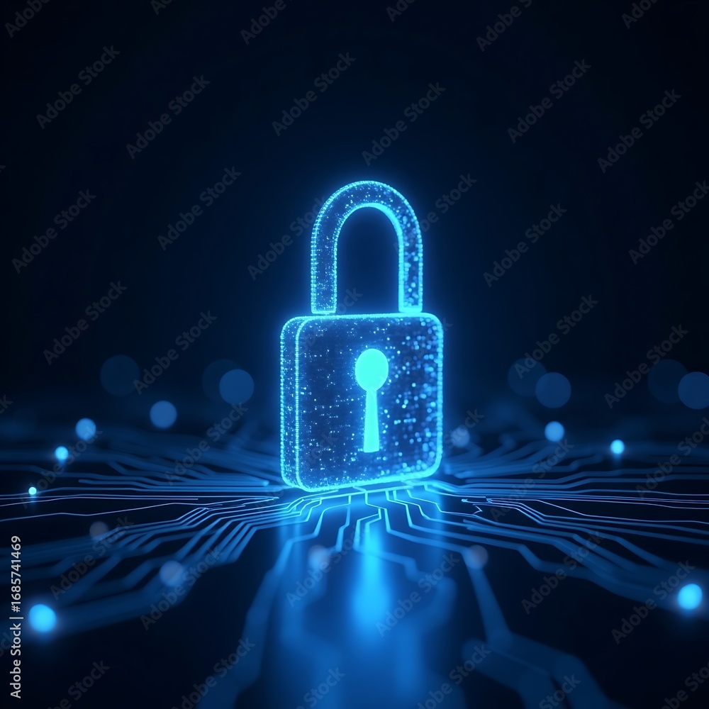 Poster futuristic cybersecurity concept with glowing open padlock and digital network background.