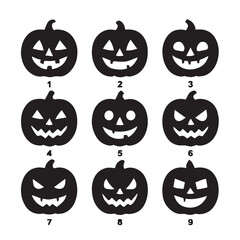 Obraz premium Nine halloween pumpkins with different carved faces isolated on white background