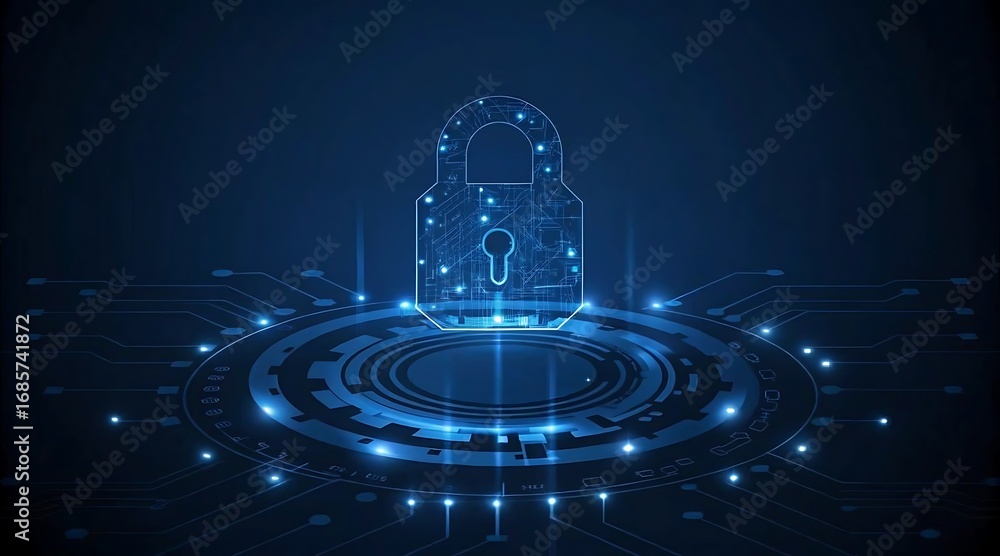 Aufkleber futuristic cybersecurity concept with glowing open padlock and digital network background.