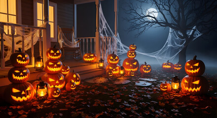 An eerie gathering of glowing jack-o'-lanterns on a haunted porch during a foggy Halloween night with a full moon