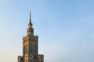 Fototapeta premium Warsaw city landmark, the Palace of Culture and Science with its tall spire and clock tower,