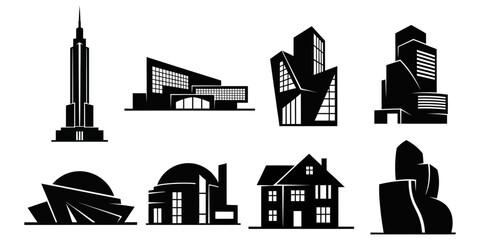 Diverse Collection of Modern and Classic Building Silhouettes, Featuring Abstract Structures, Skyscrapers, and Residential Homes, Perfect for Architectural Concepts