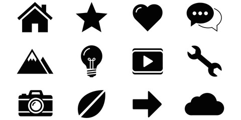 Collection of Universal Vector Icons Home, Star, Heart, Chat, Mountain, Idea, Video, Wrench, Camera, Leaf, Arrow, Cloud,  Perfect for Websites and Applications