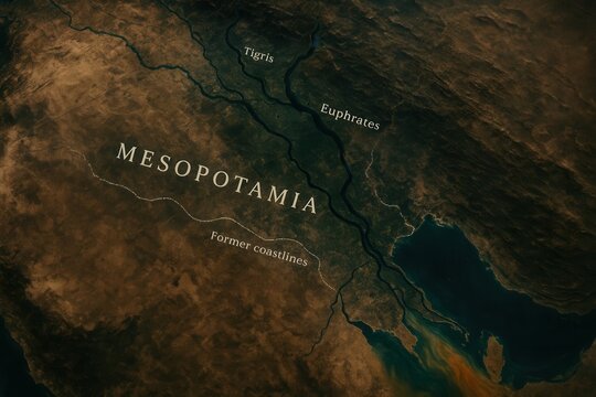 Ancient Mesopotamia: A detailed illustrated map showcasing the historical region between the Tigris and Euphrates rivers, highlighting former coastlines and the cradle of civilization.