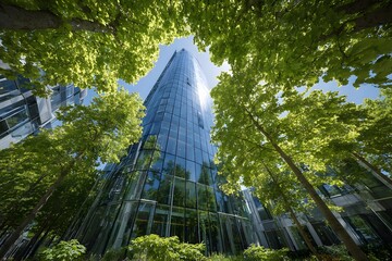 Modern Glass Skyscraper Surrounded by Green Trees in Urban Environment