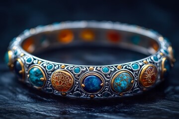 ornate bracelet with colorful gemstones and intricate silver metalwork on dark surface