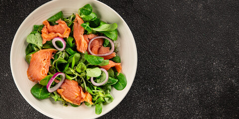 Salmon Salad appetizer seafood fresh fish second course portion size natural product tasty snack fresh food background on the table rustic copy space keto and paleo diet vegetarian pescetarian diet