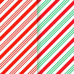 Naklejka premium Red green candy cane wrapping texture. Peppermint seamless pattern. Christmas striped background. Vector. Xmas holiday diagonal stripes. Set of cute caramel package prints. Geometric illustration.