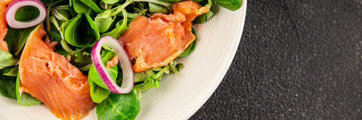 Salmon Salad appetizer seafood fresh fish second course portion size natural product tasty snack fresh food background on the table rustic copy space keto and paleo diet vegetarian pescetarian diet