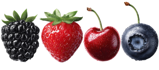 Four vibrant, whole fruits arranged in a row a blackberry, strawberry, cherry, and blueberry
