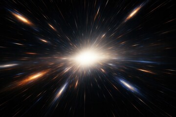 Obraz premium Dynamic illustration of light speed travel or warp drive effect, featuring glowing streaks and a central bright explosion against a dark cosmic background.