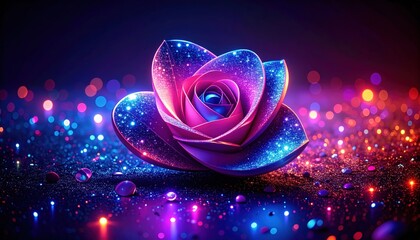 Arte digitale neon glitterata di diamanti e fiori, rendering 3D, gioielli astratti iridiscenti su sfondo scuro con bokeh, alta risoluzione.

