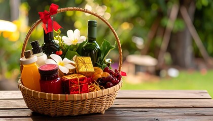A wicker basket, filled with wine, gifts, flowers and fruit, sits on a wooden table