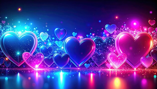 Sfondo astratto con cuori, diamanti e fiori neon, arte digitale glitterata, gemme luminose 3D, viola, rosa e blu elettrico.

