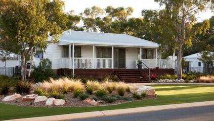A charming white house with a veranda, nestled within a landscaped garden, bathed in the warm sunlight of a tranquil setting.