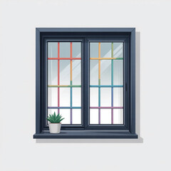 Fototapeta premium A window with rainbow-colored bars and a potted plant on the sill