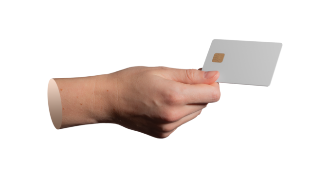 A hand carefully grips a financial card with golden chip isolated on white..