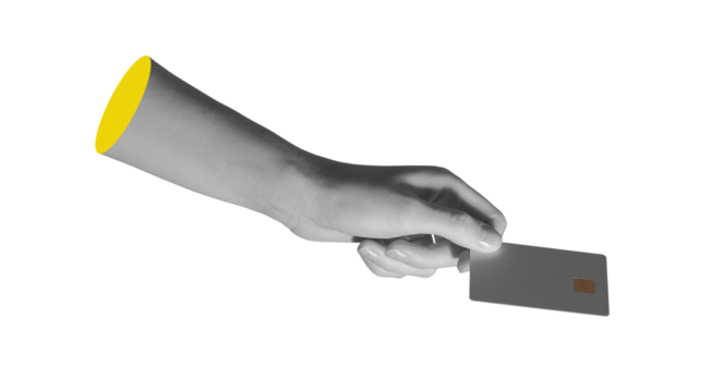 A credit card with golden chip is presented in hand isolated..