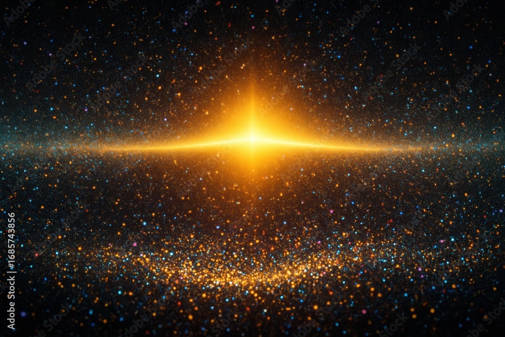 Aufkleber a brilliant golden light radiates through a dense field of sparkling colorful particles, creating an