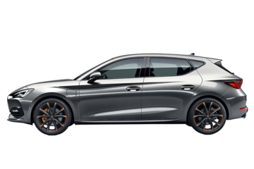 Side profile of a sleek, gray hatchback car.  Glossy, modern design with dark-colored alloy wheels.  Sharp lines and clean, minimalist aesthetic