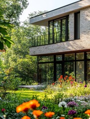 modern brick house with glass balcony surrounded by colorful flower garden and tall trees