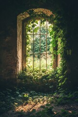 rustic stone window overgrown with ivy and bathed in dappled sunlight