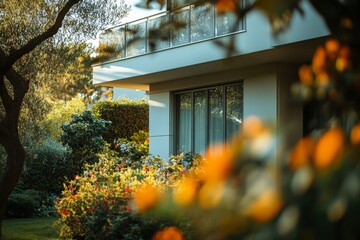 white house with glass balcony surrounded by vibrant orange and yellow flower