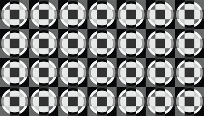 Seamless retro geometric pattern with bold black and grey checks and circular motifs