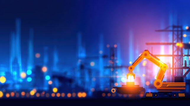 Futuristic industrial scene with robotic arm lifting cargo at night in a vibrant, illuminated cityscape