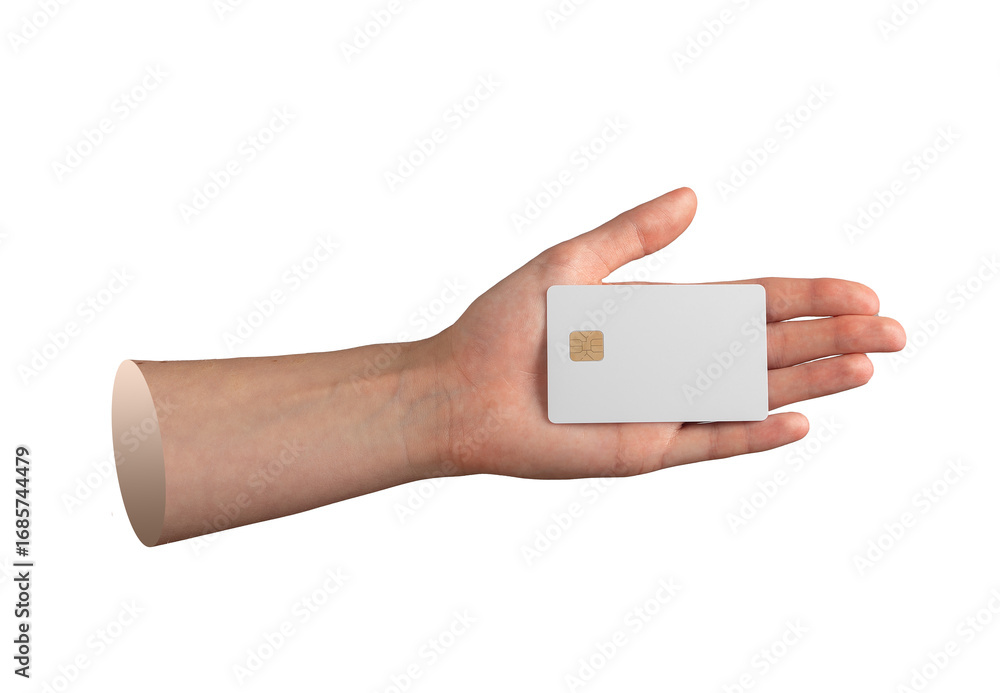 Poster close-up of hand holding debit card with visible chip isolated on white..