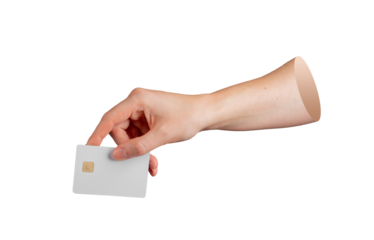 Close-up of a person fingers gripping a credit card with microchip, minimal style isolated.