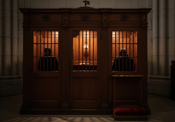 Two men visit the confessional in a church, seeking forgiveness and spiritual guidance within the traditional setting