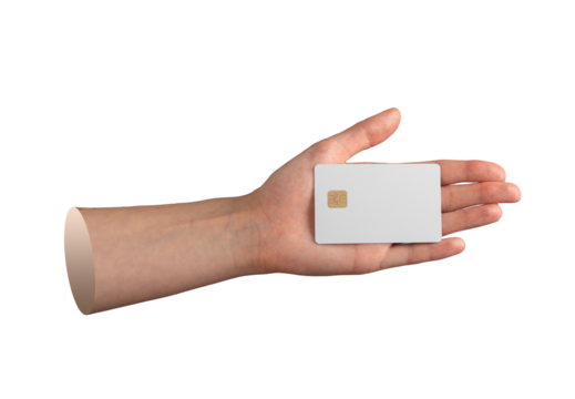 Close-up of hand holding debit card with visible chip isolated on white..