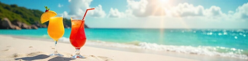 Obraz premium Relaxing beach scene with vibrant cocktails in the foreground, sun shining on turquoise water and white sand Perfect for summer vacation, travel, and tropical themes , holiday, shore