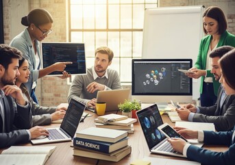 Diverse team meeting: Analyzing code, design, and data analytics on laptops and tablets. Data science resources support collaborative teamwork