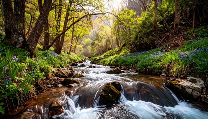 Forest stream with wildflowers