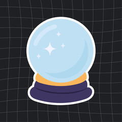 Crystal ball sticker with sparkling stars inside a blue glass sphere on a dark background. Magical fortune telling vector design perfect for Halloween clipart, witchcraft symbols, mystical stickers.
