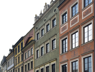 Colorful historic buildings in Warsaw Old Town with detailed facades, classic windows, and