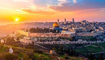 Obraz premium Panoramic sunrise view of Jerusalem's Old City