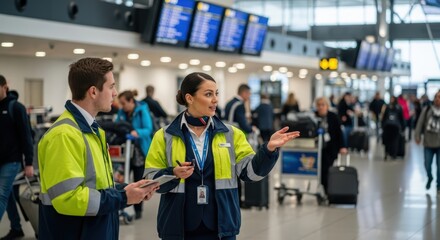 Caucasian male and female airport staff assisting passengers in busy terminal