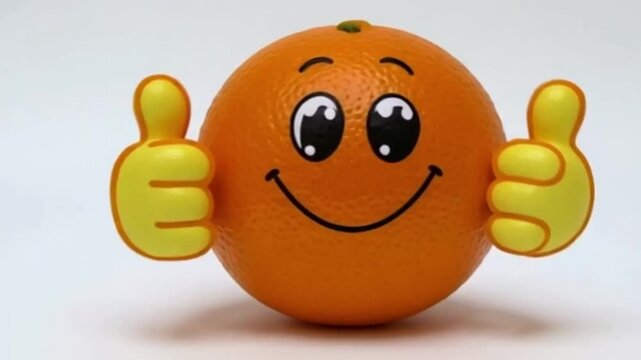 Eine runde Orange, freundlich lachend, mit Comic-H&auml;nden in &bdquo;Daumen hoch&ldquo;-Pose &ndash; dargestellt auf wei&szlig;em Hintergrund.