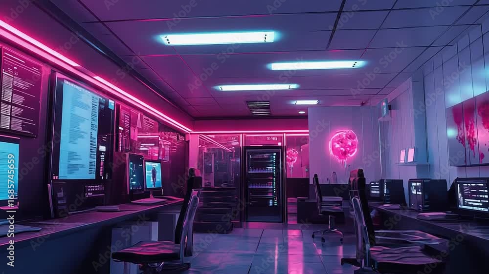 Poster futuristic cybersecurity control center with neon lights and multiple screens displaying sensitive i