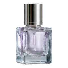 Elegant glass perfume bottle with silver cap and clear liquid
