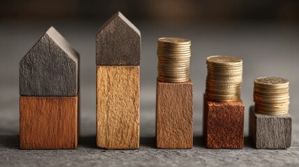 Building wealth with wooden blocks and coins representing savings and investments