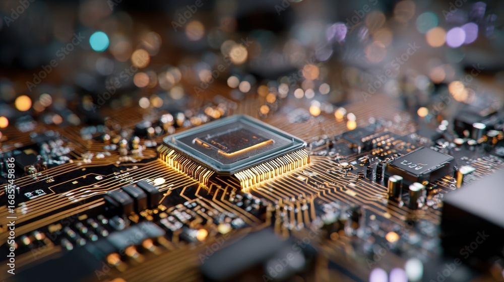 Poster intricate close-up view of a computer circuit board showcasing microchips and electrical pathways