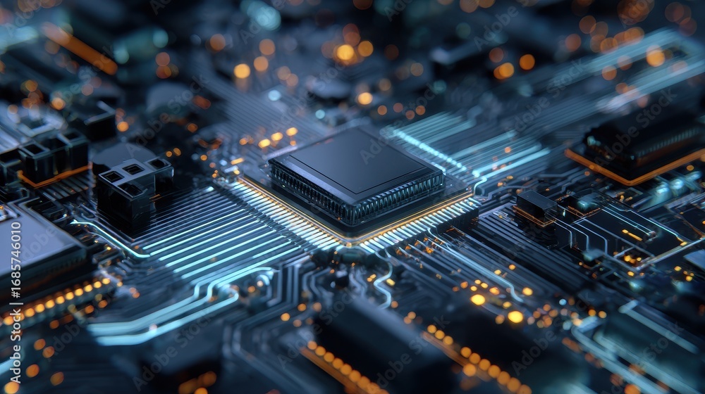 Poster close-up view of a computer circuit board with intricate designs and glowing components